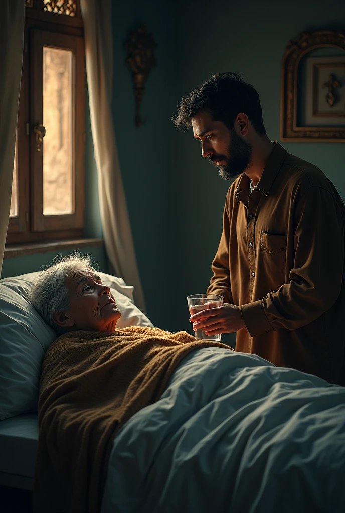 At night, a middle-aged lady lies in bed with a blanket on her, talking to her  son. 
Her son is standing next to her head with a glass of water. The scene will be Arabic.