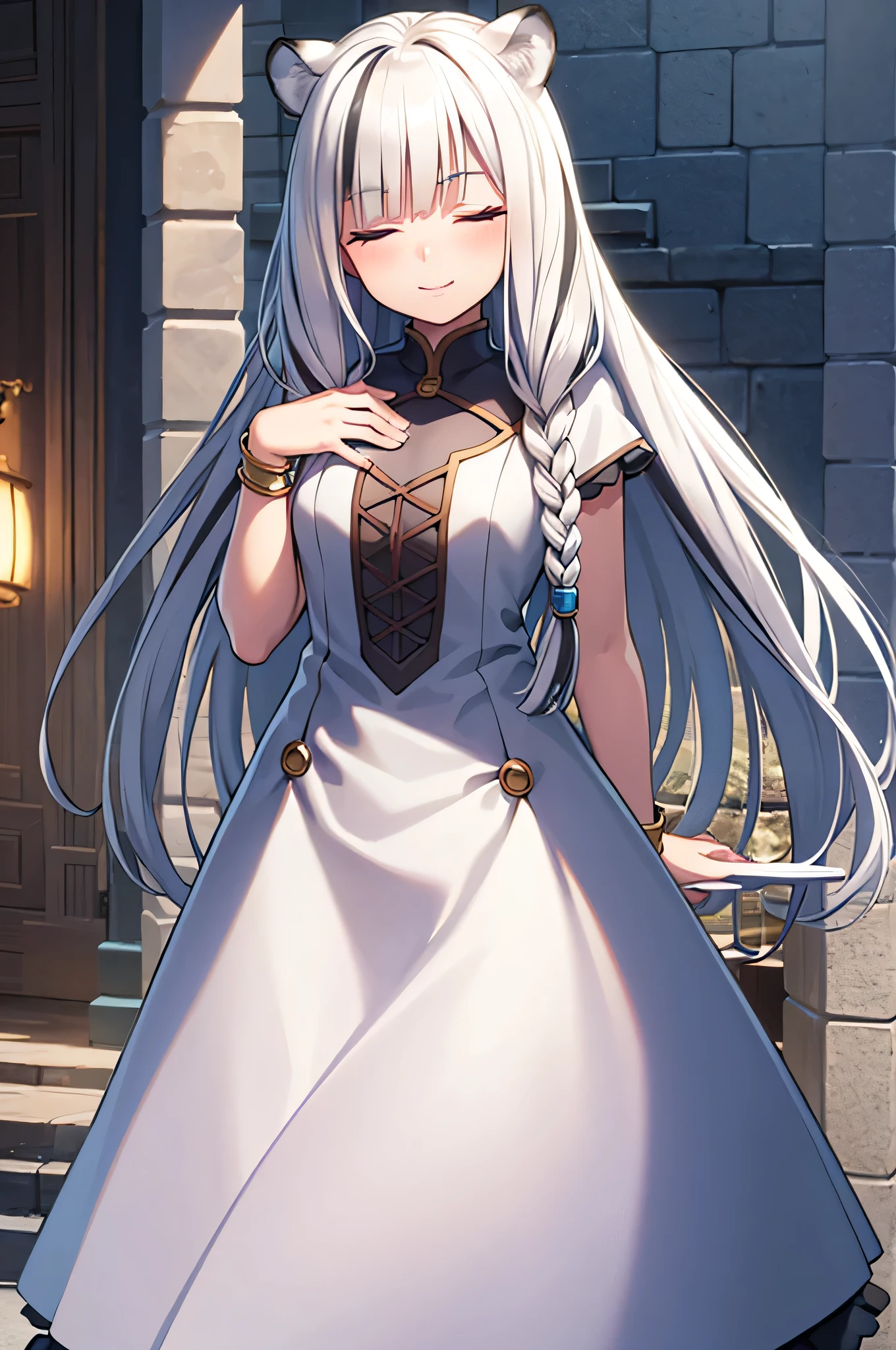 ((masterpiece)), (Best quality), (ultra detailed), photorealistic, (best illustration), ((very gentle and beautiful)), 1 girl, One, long hair, tiger ears, [:tiger tail under:0.2], White hair, Two-tone hair, Red dress, (black dress:1), multi-colored dress, Twisted, standing, closed eyes, smile, Short sleeves, detailed scenery, blue sky, horizon, low double braids, double braids, hair ornament, bracelet, (hand on chest:0.9), blush