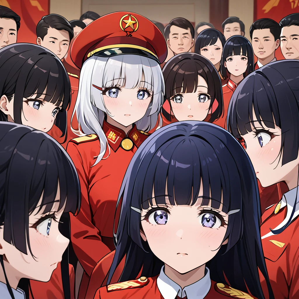 ((Highest quality)), ((masterpiece)), (detailed), (Perfect Face)、The woman is Reika Aoki with semi-long hair、The woman is wearing Communist Party uniform in China and is a member of the Chinese Communist Party.、The woman is listening intently to the teachings of the Chinese Communist Party members and receiving guidance.