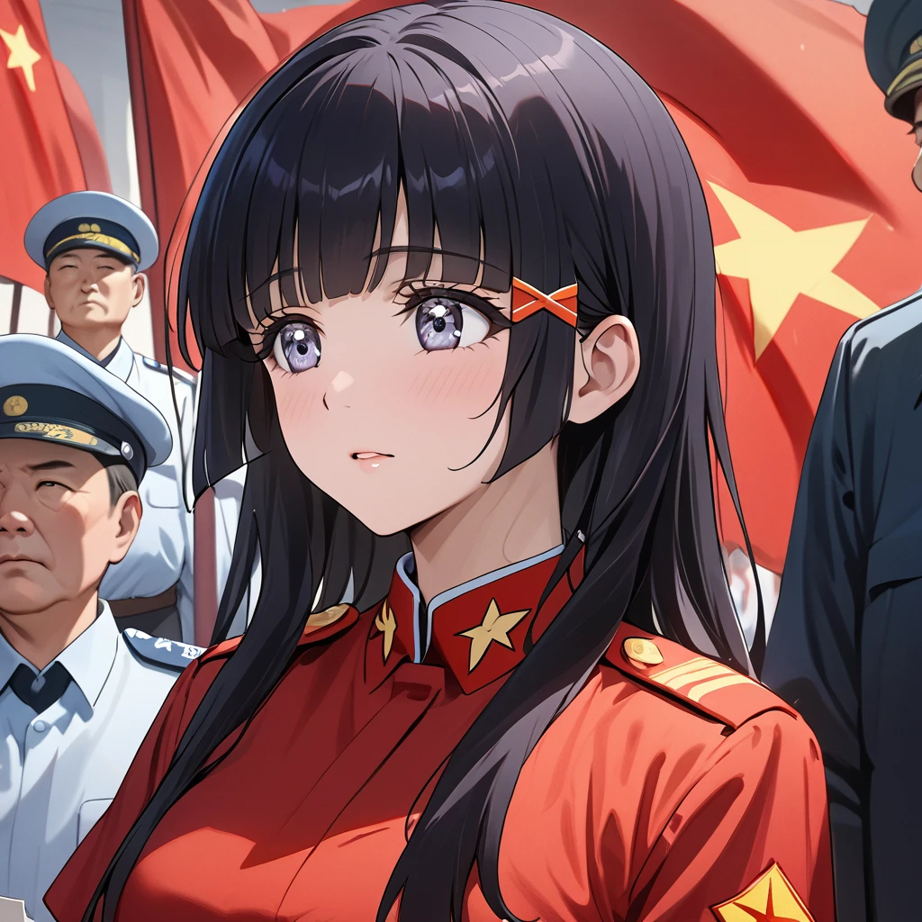 ((Highest quality)), ((masterpiece)), (detailed), (Perfect Face)、The woman is Reika Aoki with semi-long hair、The woman is wearing Communist Party uniform in China and is a member of the Chinese Communist Party.、The woman is listening intently to the teachings of the Chinese Communist Party members and receiving guidance.