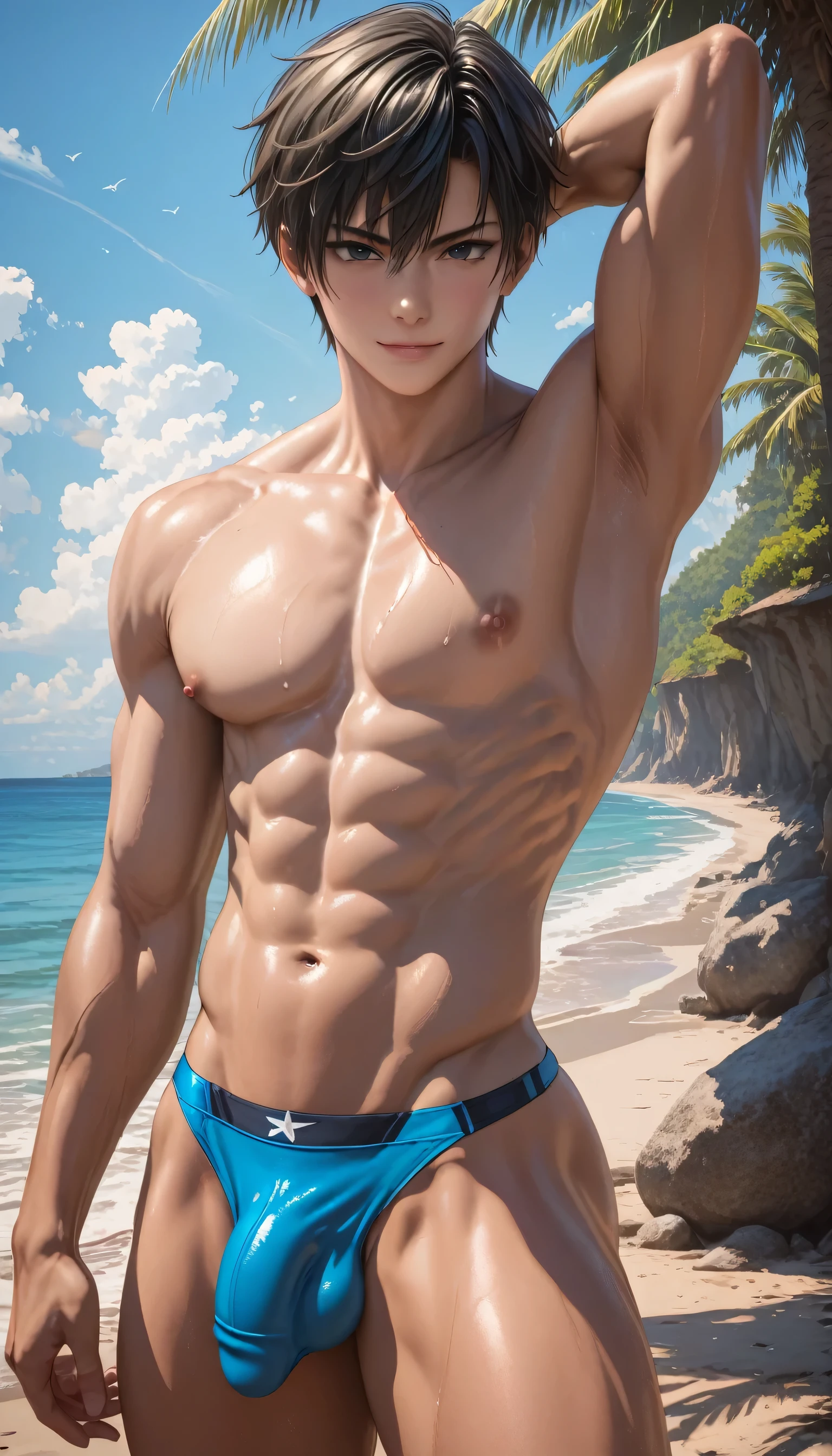 high quality, flexing, (dark skin japanese teen boy), (detailed black eyes), (black short hair), (muscle), (naked), (dark shiny skin), (detailed puffy nipples), looking at viewer, beach, (bulge, erected hard penis in navy blue thong), (smirk:0.9), best quality, 4k, 