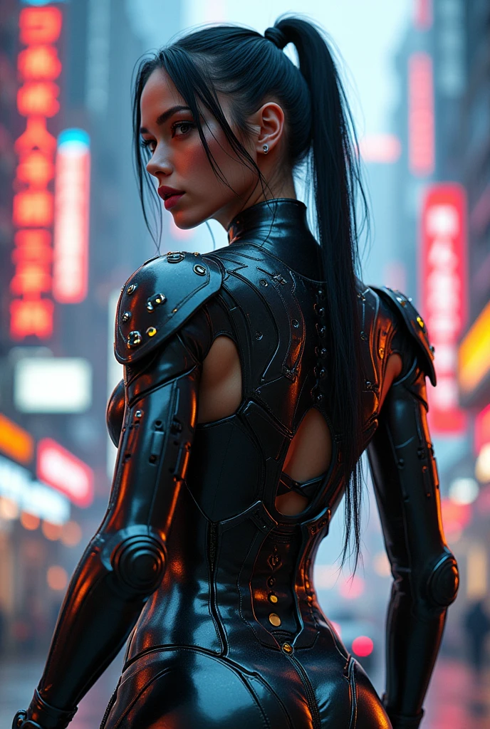 Foto hiperrealista de Dua Lipa (rosto do ano de 2024) em close, Create dystopian masterpieces, cena do filme Blade Runner, toda a figura vestida no estilo Blade Runner, wine dress with ninja accessories, under a tree on a cyberpunk street in light rain, Mulher bonita, magra magra, medium breasts, cabelo preto longo e solto, rosto detalhado, sorriso, facing the camera, photo taken from a distance.