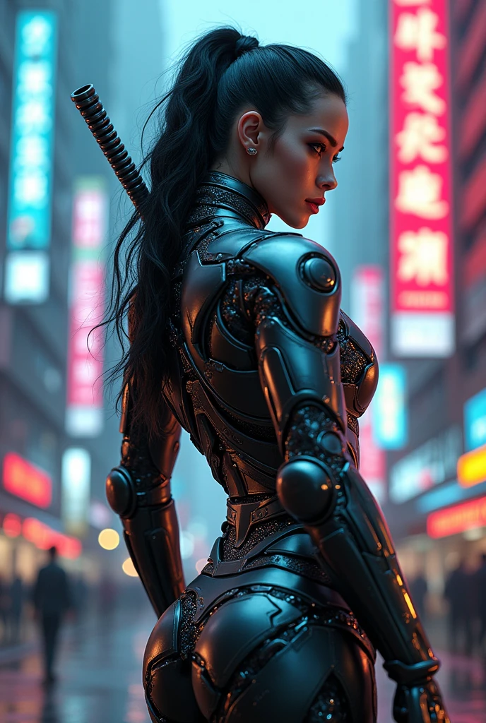 (((Jessica Henwick wearing futuristic cyberpunk ninja assassin armor, Shiny robotic ninja armor )), (dynamic pose), (masterpiece), (hyper realist:1.4), (realist:1.3), (Best quality real texture skin.),  (cinematic lighting), (movie scene), 1beautiful woman, (bright light), very detailed skin, skin pores, (Very detailed face:1.1), (very detailed eyes:1.1), realist pupils, (perfect anatomy:1.1), (perfect proportions:1.1), (Photography:1.1), (photorealist:1.1), volumetric lighting, dynamic lighting, real shadows, (High resolution:1.1), sharp focus, (realist, hyperrealist:1.4), Intricate, High detail, dramatic, Subsoil Dispersion, great depth of field, vivid, pulido, sharp, ((full sharp)), (extremely absurd),8KHDR, ((Hong Kong city cyberpunk background)), (Jessica Henwick:1.4), (Jessica Henwick V2.1), (clear glass mechanical cyborg:1.4), (bright colors), (back view, back view),