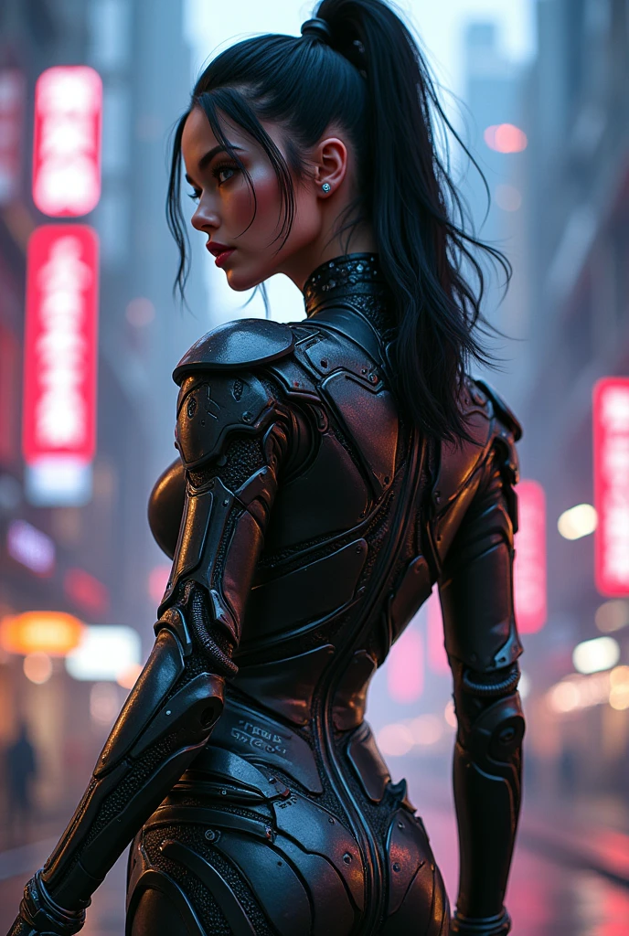 (((Jessica Henwick wearing futuristic cyberpunk ninja assassin armor, Shiny robotic ninja armor )), (dynamic pose), (masterpiece), (hyper realist:1.4), (realist:1.3), (Best quality real texture skin.),  (cinematic lighting), (movie scene), 1beautiful woman, (bright light), very detailed skin, skin pores, (Very detailed face:1.1), (very detailed eyes:1.1), realist pupils, (perfect anatomy:1.1), (perfect proportions:1.1), (Photography:1.1), (photorealist:1.1), volumetric lighting, dynamic lighting, real shadows, (High resolution:1.1), sharp focus, (realist, hyperrealist:1.4), Intricate, High detail, dramatic, Subsoil Dispersion, great depth of field, vivid, pulido, sharp, ((full sharp)), (extremely absurd),8KHDR, ((Hong Kong city cyberpunk background)), (Jessica Henwick:1.4), (Jessica Henwick V2.1), (clear glass mechanical cyborg:1.4), (bright colors), (back view, back view),