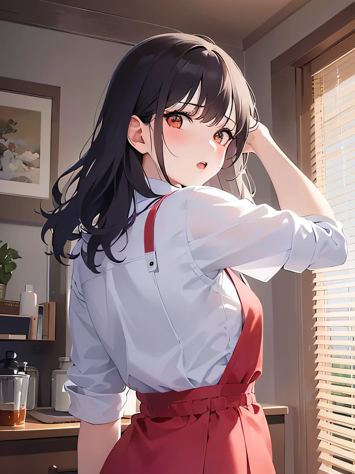 look back, Upper Body, Realistic, real person, (pale skin: 1.2), RAW photo, photorealistic, shiny skin, shiny hair、(A 2 woman with medium-length hair and bangs) and (wavy hair) and (brown hair) and (orange eyes) , White T-shirt 、Red Apron、open mouth, sad, (blush:1.3), The background is the living room、Alone、Are standing