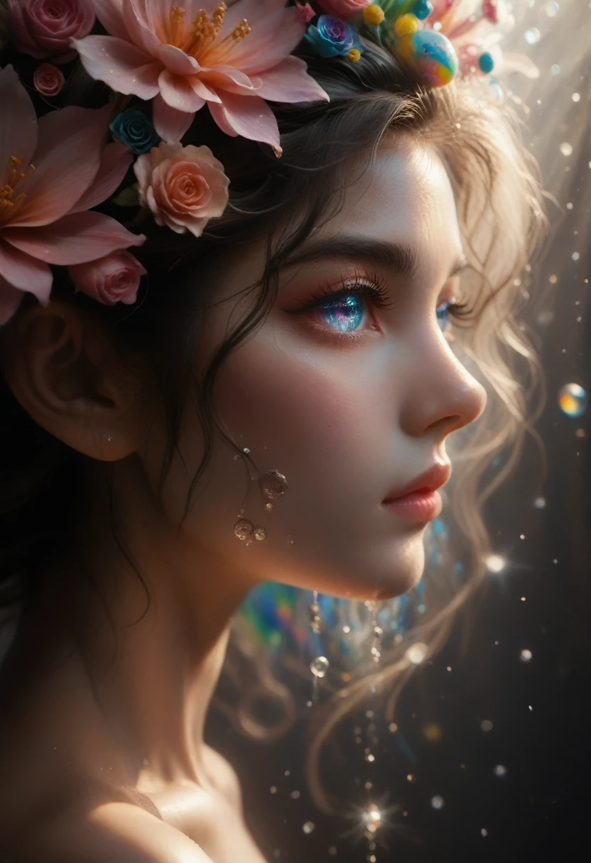 (masterpiece), (Best quality), (Ultra detailed),(wild hair),(illustration), (1 person), standing, Model, I look at the viewer, (interview), (detailed background),beautiful detailed eyes, Delicate beautiful face, floating,(high saturation),(colorful splashes),colorful bubble,(brilliant), Focus on the face, floating flowers, floating hair, (brilliant), Better lighting, best shadow, 1 Only bad