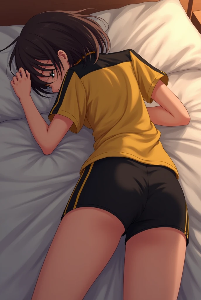 A girl with almost short dark brown hair that reaches her shoulders wears a short-sleeved yellow uniform shirt with black stripes on the shoulders and short black shorts with yellow stripes on the sides and made of synthetic material that fits her nice and tight.. She throws herself onto the bed face first and lifts her butt, implying that we touch her, and blushes and gets wet when seen from behind.