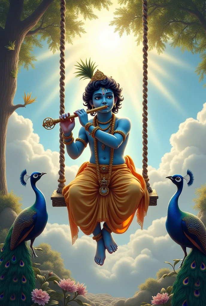 Krishna ji is playing flute, they are on swing and swing heaven like beautiful scene background, peacock dance, realistic image .