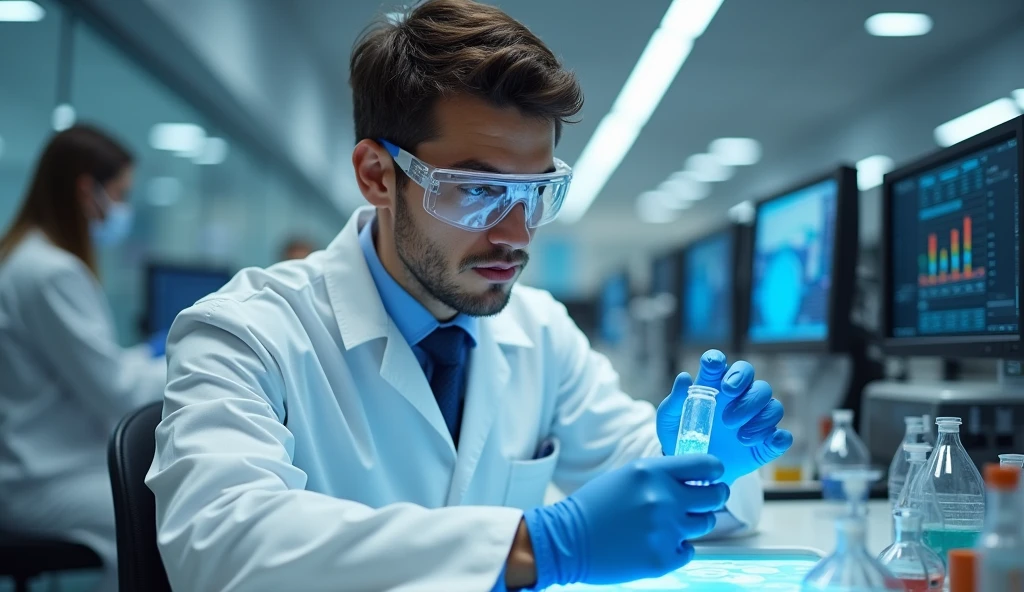 A lab technician examining a test tube or microscope slide with a puzzled expression. The lab environment should look high-tech and professional.