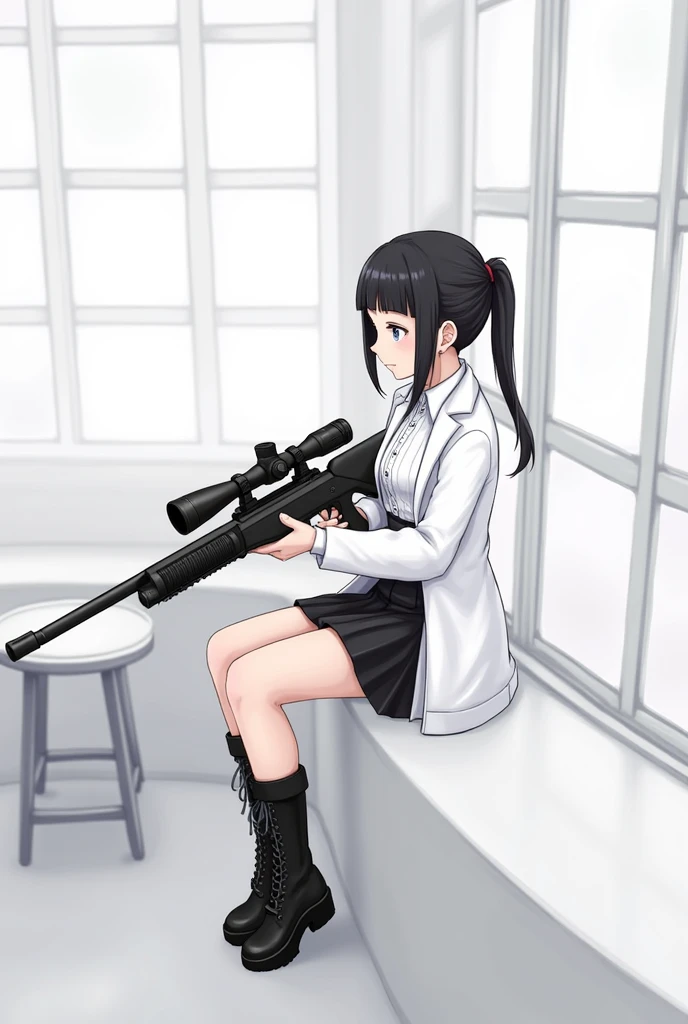 (ponytail forehead hair pulled back:1.3) (black hair:1.3), a woman in a white coat and black boots, sitting beside window in white room with table, holding heavy sniper rilfe ,with white shirt and black skirt, anime style, from girls frontline, fine details. girls frontline, girls frontline universe, girls frontline style, girls frontline, girls frontline cg, soft anime illustration, 2 0 2 2 anime style, 2022 anime style, pixiv contest winner, pretty anime character design, render of april