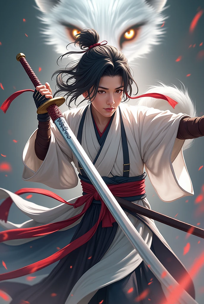 The enigmatic samurai man (Musashi Miyamoto) wielding a long Japanese sword, Splitting with every powerful blow、Shrouded in mist that obscures vision, revealing a vivid and supernatural scene, The clarity of the sword&#39;s cut against the hazy background, mysterious background, The white fox&#39;s piercing gaze met that of the observer., A layer of ethereal mist enveloping the foreground, piercing, clean eyes, An exquisite and detailed kimono, dramatic lighting and colors