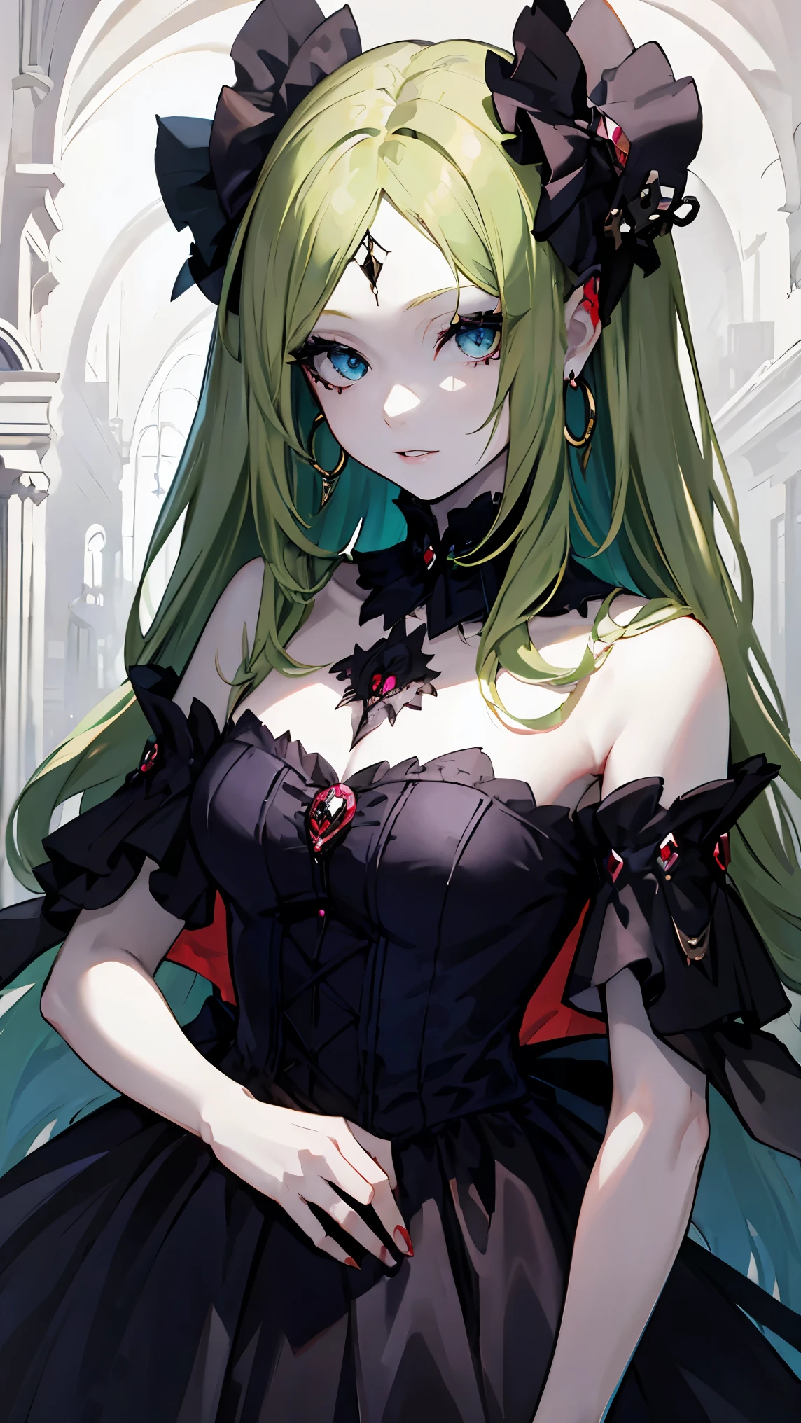 ((masterpiece)), ((best quality)), perfect detailed eyes, perfect detailed face, green hair, medium hair, forehead jewel, hollow eyes, hoop earrings, makeup, turn pale, white skin, shaded, Baroque, cinematic lighting, high quality, accurate, 8k, Vampire, gothic ****ta style dress, dark blue dress, bats in the background, dark fantasy, horror