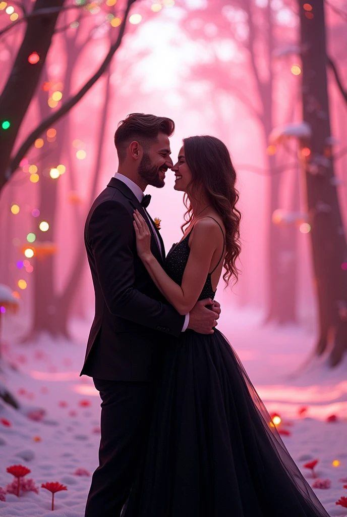 Happy couple in black sexy wedding dress,Happy smile,black style、(Fluorescent Color:1.4)、(translucent:1.4)、(Retro filter:1.4)、(fantasy:1.4)、Candy world Disney fantasy fluffy soft scenery forest snow avatar pink sky green blue glow dreamy lights soft soft glow rainbow stars diamond glitter gem background surreal ultra hd movie lighting huge details full hd full light、