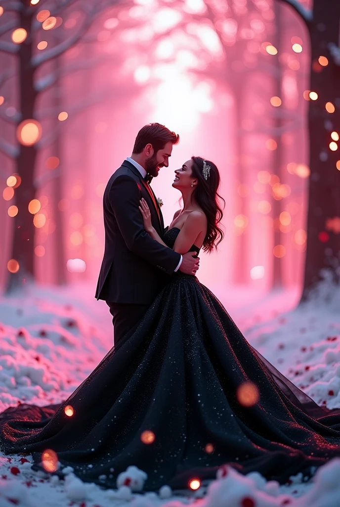 Happy couple in black sexy wedding dress,Happy smile,black style、(Fluorescent Color:1.4)、(translucent:1.4)、(Retro filter:1.4)、(fantasy:1.4)、Candy world Disney fantasy fluffy soft scenery forest snow avatar pink sky green blue glow dreamy lights soft soft glow rainbow stars diamond glitter gem background surreal ultra hd movie lighting huge details full hd full light、