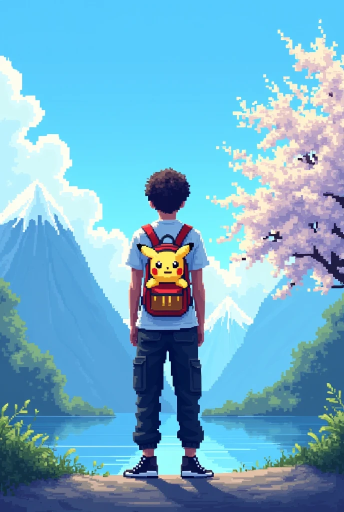 YouTube channel banner,theme pixelated blue sky with clouds,and a guy with curly hair,black cargo pants,white t shirt with a ganger Pokemon backpack.angle is the character in middle photo taken from back side and about 8feet away,more back and a little higher altitude make the angle more back and a Pikachu backpack make it more farr make the character straight and make the image atleast 20 feet away make the backpack a little small and expand the image with a mountain with some snow on top on the left side and a blossom tree at right side make it pixelated and a Pikachu backpack and black Jordan shoes,shoes is solid black make the Pikachu smiling and more cute and he has a skateboard in his left hand,make the skateboard matching to the environment make the image straight and pixelated and a little far back remove skateboard and make backpack a little small and make the image in 16:9 ratio make the character straight and the whole backpack is Pikachu theme make the image pixelated and hair curly and the character straight and about 20 feet away from the backside make the character face straight and the photo is taken from backside make him tall and no skateboard  same image just a little back and remove backpack no backpack make it pixelated and remove the Pikachu backpack  more back and make the character straight and tall about 20 feet away 
Pixelated pixel and the boyis facing front side
No make the boy face front side and the image is taken from 20 feet away backside and a little higher altitude 
Don't make him face side ways

