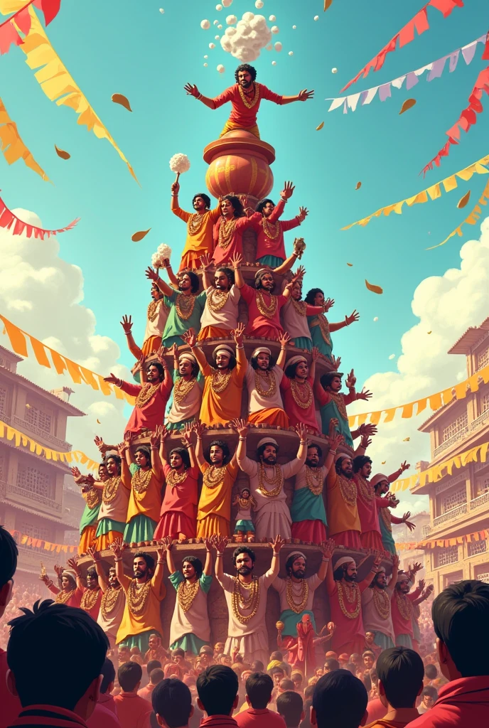 Dahi Handi: Illustrate the festive activity of Dahi Handi, where people form human pyramids to break a pot of curd hung high.