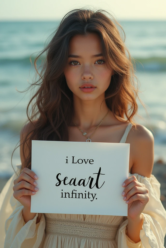 Beautiful girl with wavy long hair, bohemian dress, holding a white board with text "I Love Seaart Infinity" and showing it to the viewer