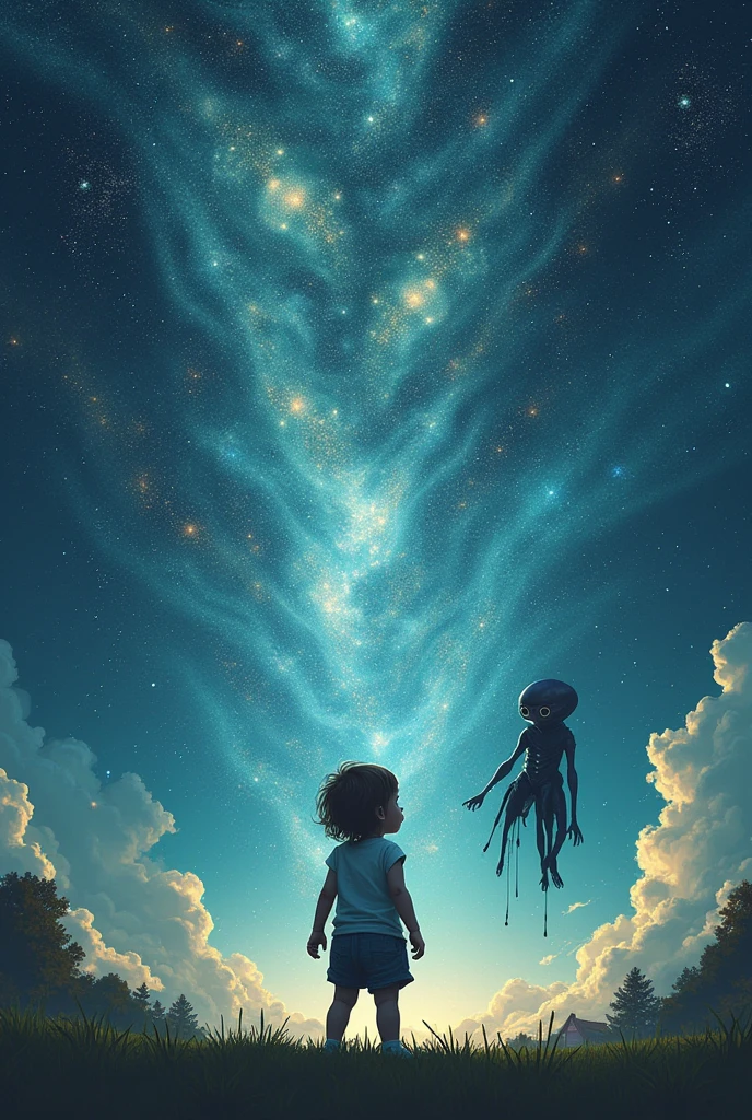 a is looking to a paranoid multiverse from earth and a alien is looking at him in a starry universe