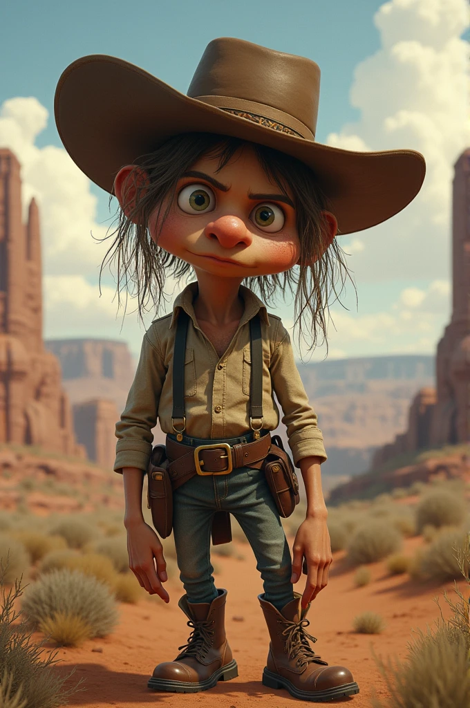 American from the 1860’s with tanned skin comical nose gray eyes long brown hair long limbs
