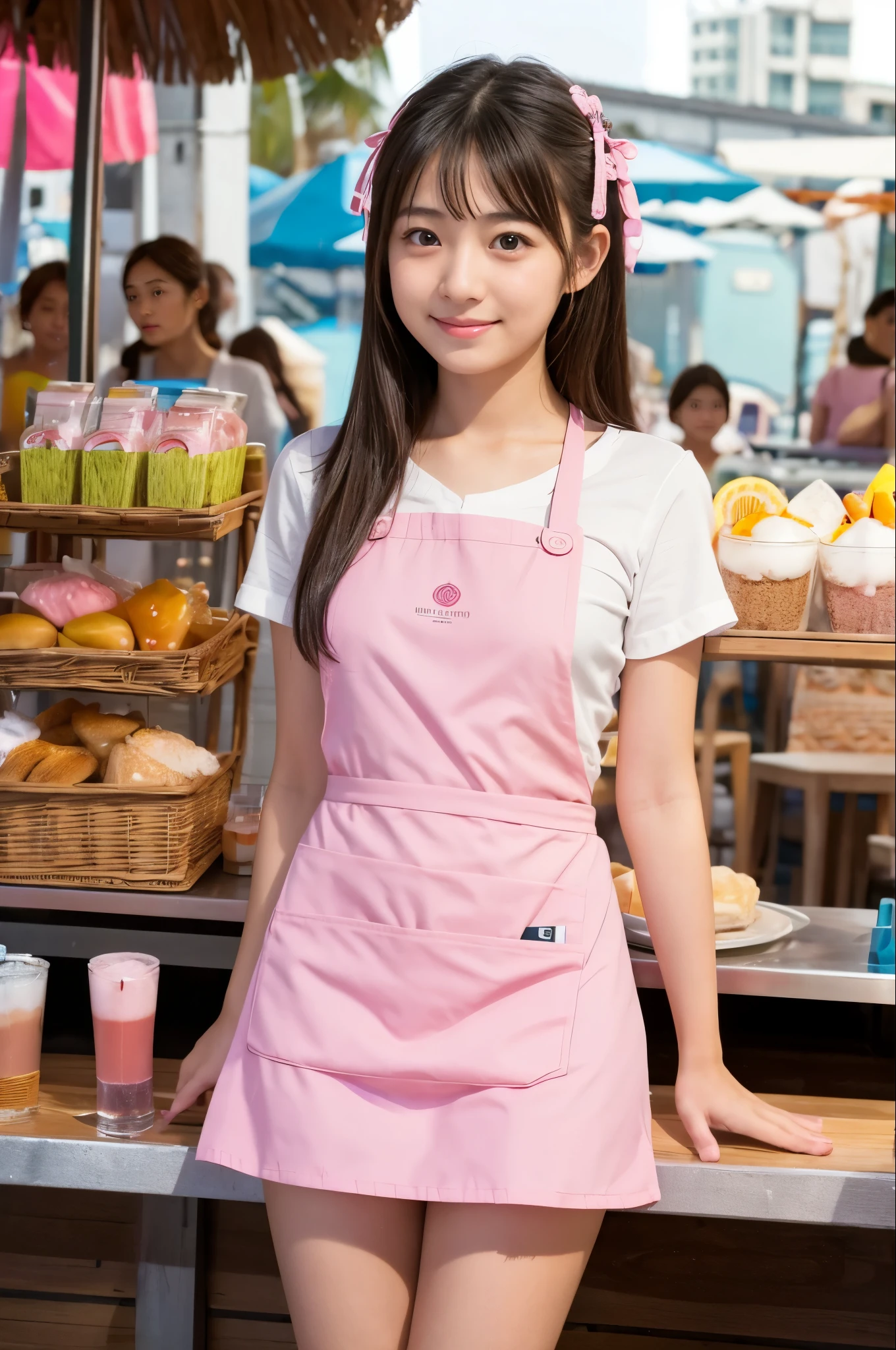A girl (twenty years old, Japanese cute face) are wearing pink apron, mini skirt at the beach bar