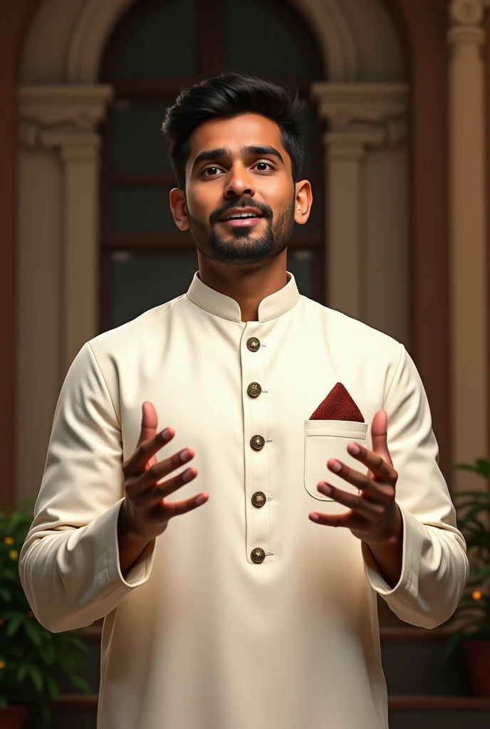 A unique young formal Indian male character sitting like an explainer and seeing straight to the Audiance show half of the upper body