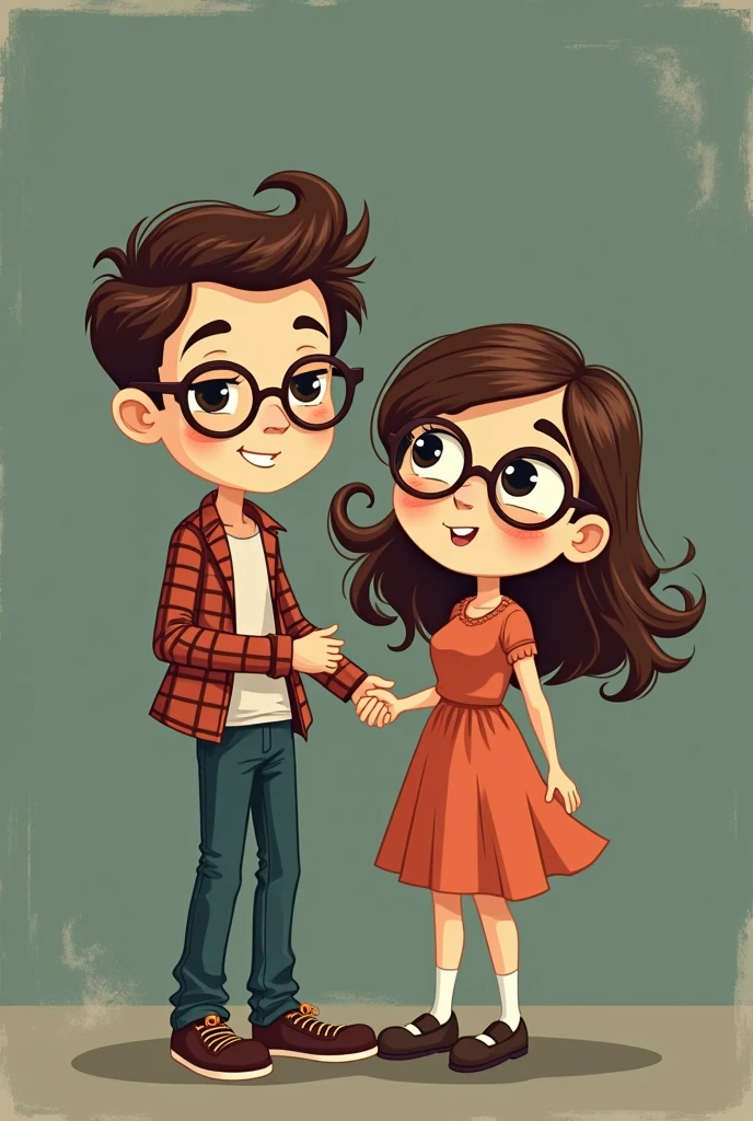 I want to create a matching cartoon pics for profile there should be a character and only the female should wear glasses and not the male ..it should not be so colourful and should be a dark vintage art