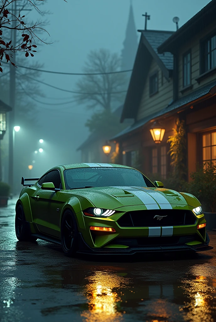 Mustang with fully tuned and olive green and white colour in night village and rainyband foggy weather