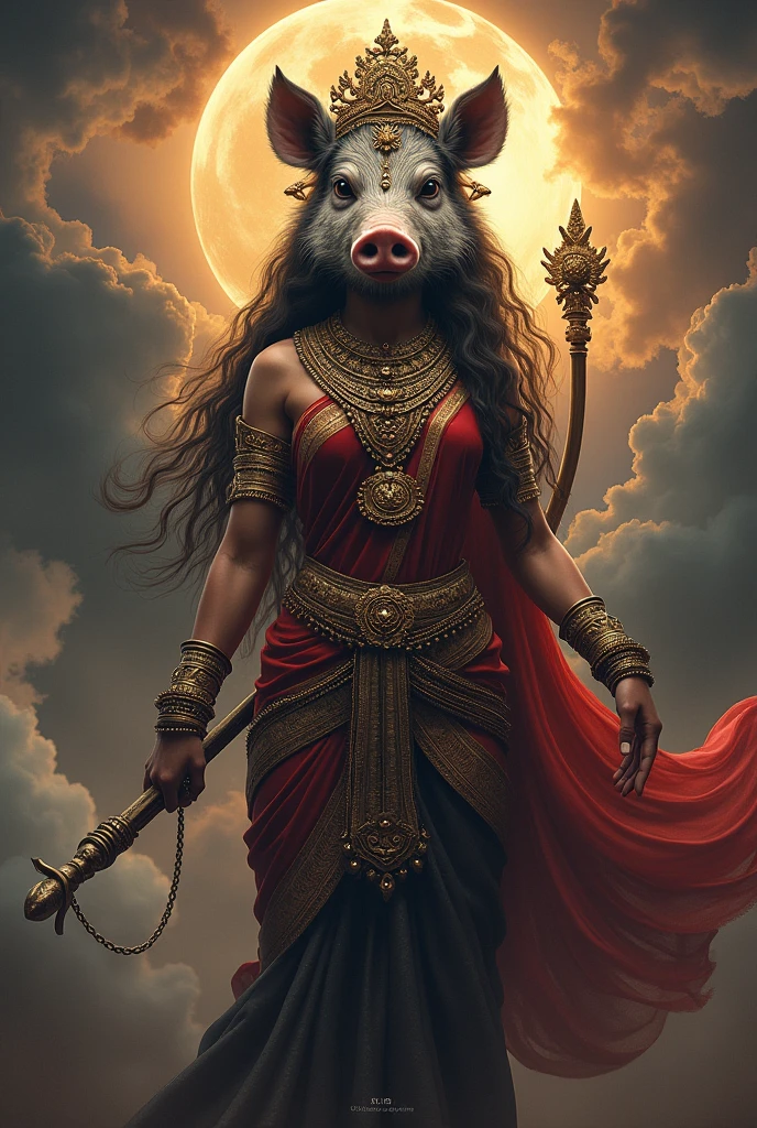 "Create an ultra-realistic image of Goddess Varahi, showcasing her fierce yet protective nature and divine power. She should be depicted with the head of a boar, symbolizing strength and ferocity, combined with a beautifully adorned, graceful human body. Her eyes should be large and intense, radiating wisdom and vigilance, with a determined expression that exudes authority.
Goddess Varahi should be dressed in traditional attire, with a richly embroidered saree in deep red or black, symbolizing her connection to the earth and her role as a powerful protector. The saree should be adorned with intricate gold patterns and divine symbols, emphasizing her regal and divine status. Her jewelry should be elaborate, including heavy necklaces, bangles, and earrings that shimmer with divine light.
In one hand, she should hold a powerful weapon, such as a mace or trident, symbolizing her ability to protect and destroy evil. Another hand might be in a protective mudra, offering safety and blessings to her devotees. The background should be a dramatic, celestial setting with swirling clouds, dark skies, and a sense of immense power emanating from her presence. The overall image should capture the essence of Goddess Varahi’s fierce beauty, strength, and protective energy in a highly realistic and detailed manner."