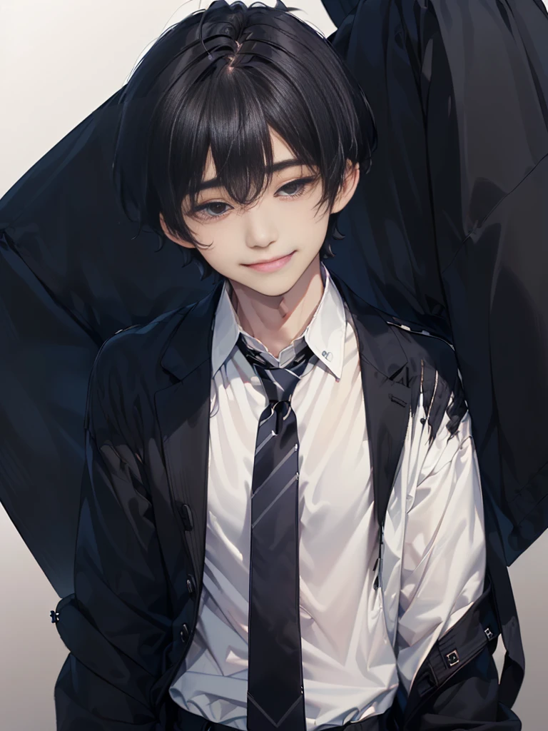 Masterpiece,best quality,独奏, 1 Japanese boy, 20 years old,(tall and thin,sleepy droopy eyes, long face, (thin cheeks:1.2),(black shaggy short hair,:1.5),(Black tailored jacket, white shirt, navy blue striped tie, black slacks:1.3),(A shy smile:1.3),(Plain background:1.5),Upper body close-up