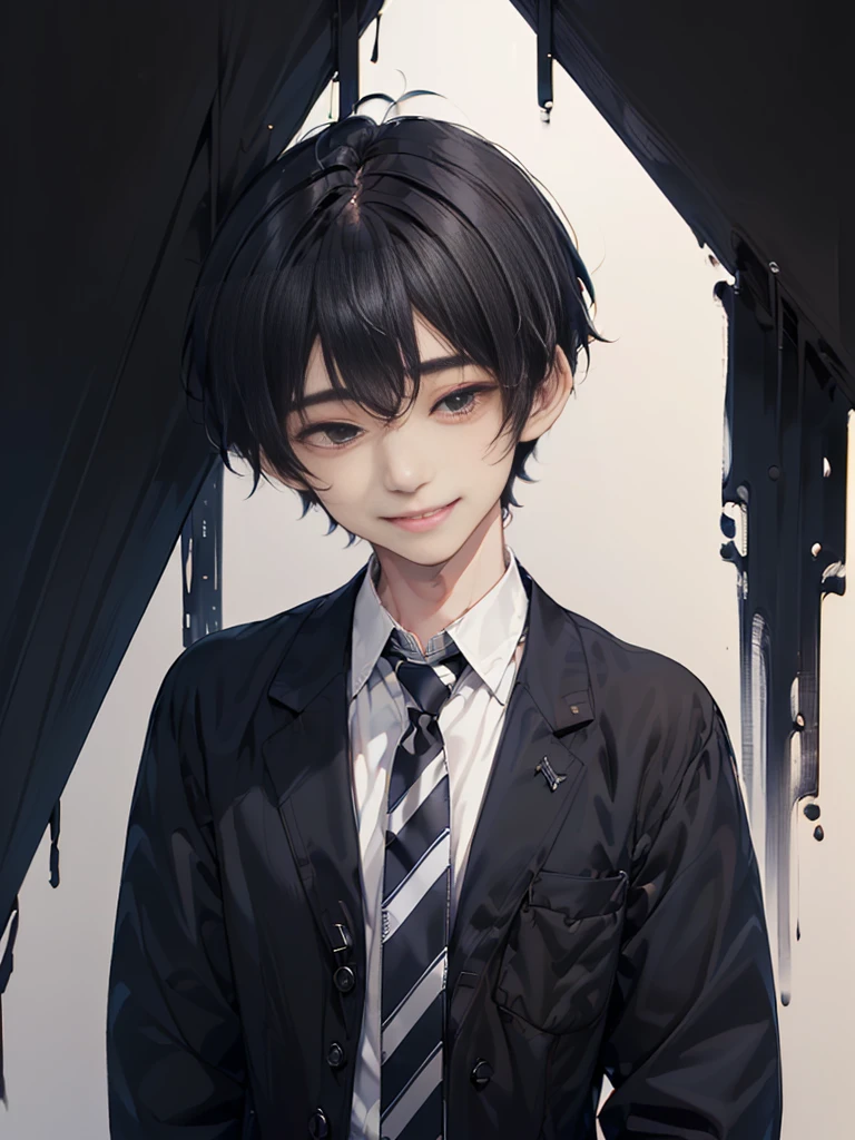 Masterpiece,best quality,独奏, 1 Japanese boy, 20 years old,(tall and thin,sleepy droopy eyes, long face, (thin cheeks:1.2),(black shaggy short hair,:1.5),(Black tailored jacket, white shirt, navy blue striped tie, black slacks:1.3),(A shy smile:1.3),(Plain background:1.5),Upper body close-up