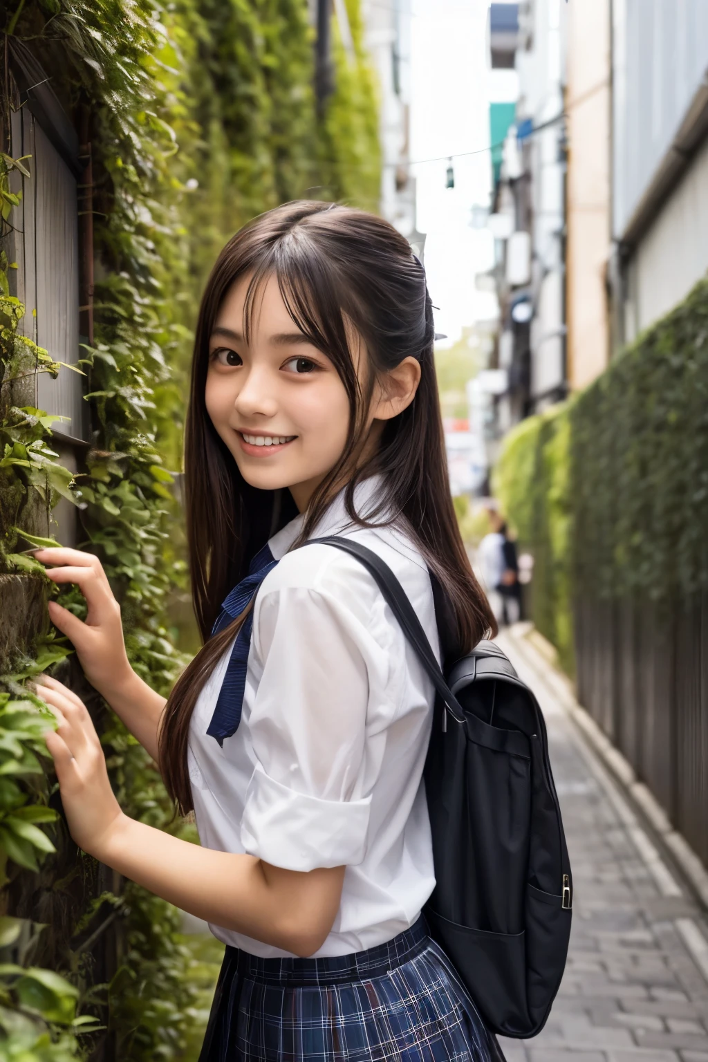 1 young girl,very cute and beautiful japanese teen actress,highly detailed beautiful face,
looking at viewer,smile,happy,school uniform,school bag,
narrow alley in tokyo,stone wall in front of modern building,hotel signage,trees,shrubbery,solo,real person,photorealistic,8k,raw photo,