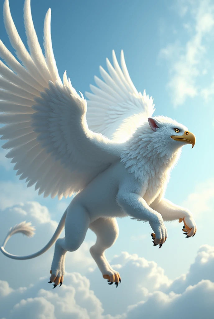 make an emphasis (mythological creature) half eagle and half lion. The front is of an Eagle and the back of a Lion. Make it white and keep that same head. Make it fly