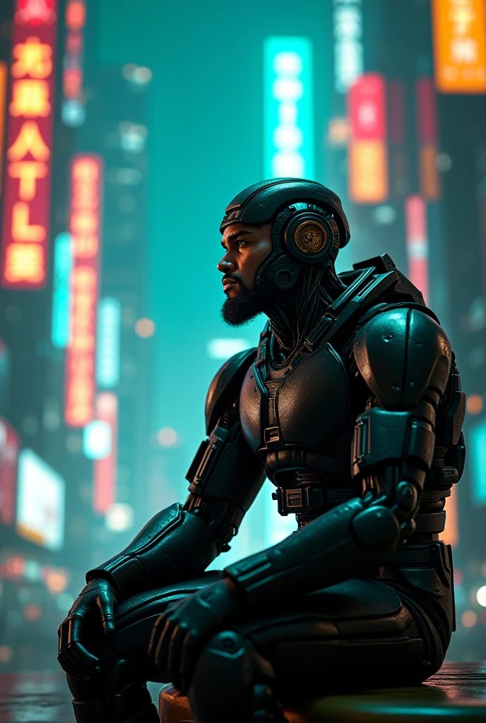 Cyberpunk neon city with teal and orange lights, a man in robocop costume sitting and thinking about his future