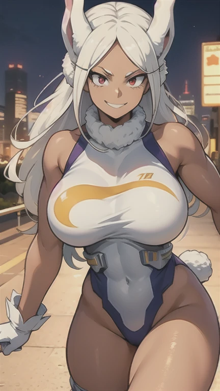 scan, (Extremely detailed CG unity 8k wallpaper:1.1), High resolution, ambient light, (1 girl), mirkomha, Boku no Hero Academia, rabbit ears, ((mujer de Dark skin)), ((Dark skin)), Red eyes, sleeveless, white gloves, High leg leotard, (by white, by the wide), big breasts, fur collar, purple thighs, white leotard, city, evening, looking at the viewer, affected smile, huge breasts