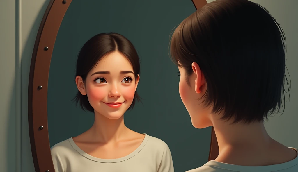 A person looking in the mirror with a conflicted expression, slowly changing to a smile – to depict the transformation from negative self-talk to self-affirmation