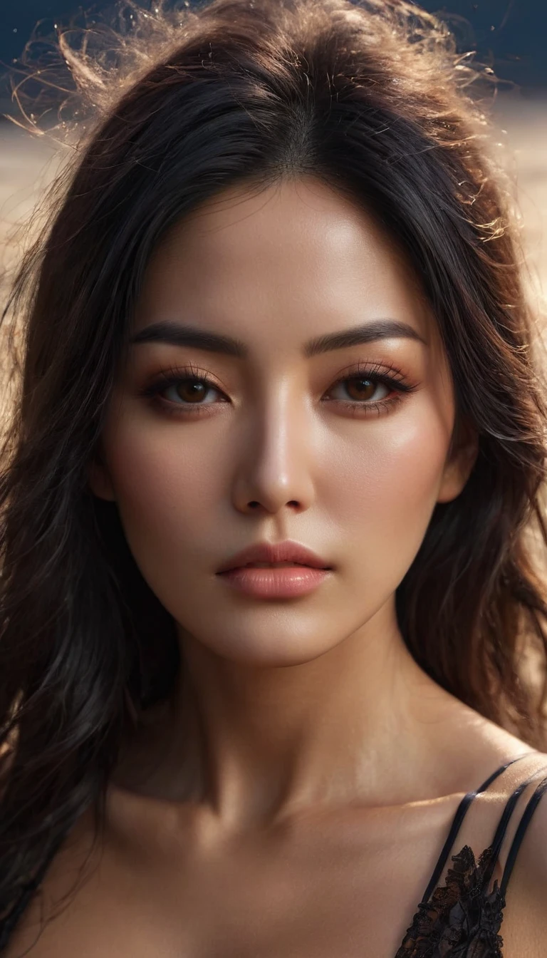 A masterpiece in 32K resolution,Highest quality,Very detailed,Ultra-realistic,Realistic,Increased depth of field,Cinematic lighting,
Sexy mature Japan woman,
Glossy black hair,Straight long hair,Showing his forehead,Ultra-detailed and beautiful face,Sensual look,Beautifully detailed dark brown eyes,Ultra-detailed skin,Translucent white skin,Realistic skin texture,Beautiful cleavage,Shapely ass,Firm thighs,Great proportions,
Summer Beach Dress,
Bold design,spaghetti straps,No sleeve,Thigh slit,Delicate and beautiful decoration,Detailed texture of the fabric,
Dark seaside scene at night,
Dark clouds filling the sky,Thundercloud,Coastline at night,Golden reflections on the sea surface,delay々A desolate sandy beach that continues,
(Close-up of face:1.5),
Cinematic,
High angle,