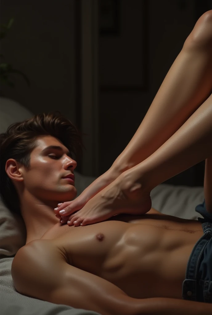 A boy handsome with 8 pack abs is under the feet of his girlfriend , girlfriend naked