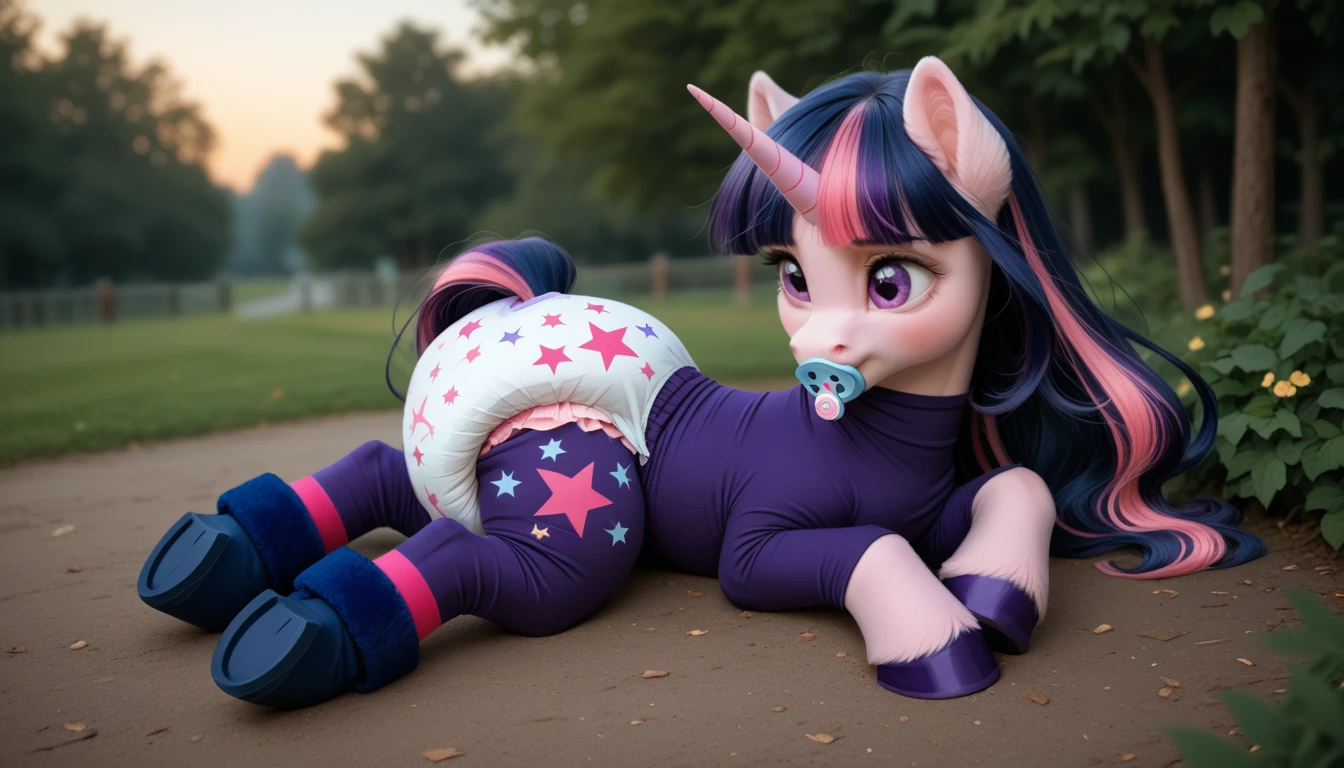 pony, purple unicorn, dark blue mane with purple streak and pink streak, the tail is dark blue with a purple strand and a pink strand, purple eyes, on the side close to the back hoof is a drawing of a pink star with six small stars around a central star, adult mare, sitting outside, dressed in an adult size bodysuit and booties,  adult size pacifier in mouth, solo, thick diaper under clothes, pink blush on cheeks, Embarrassment, Awkwardness. 