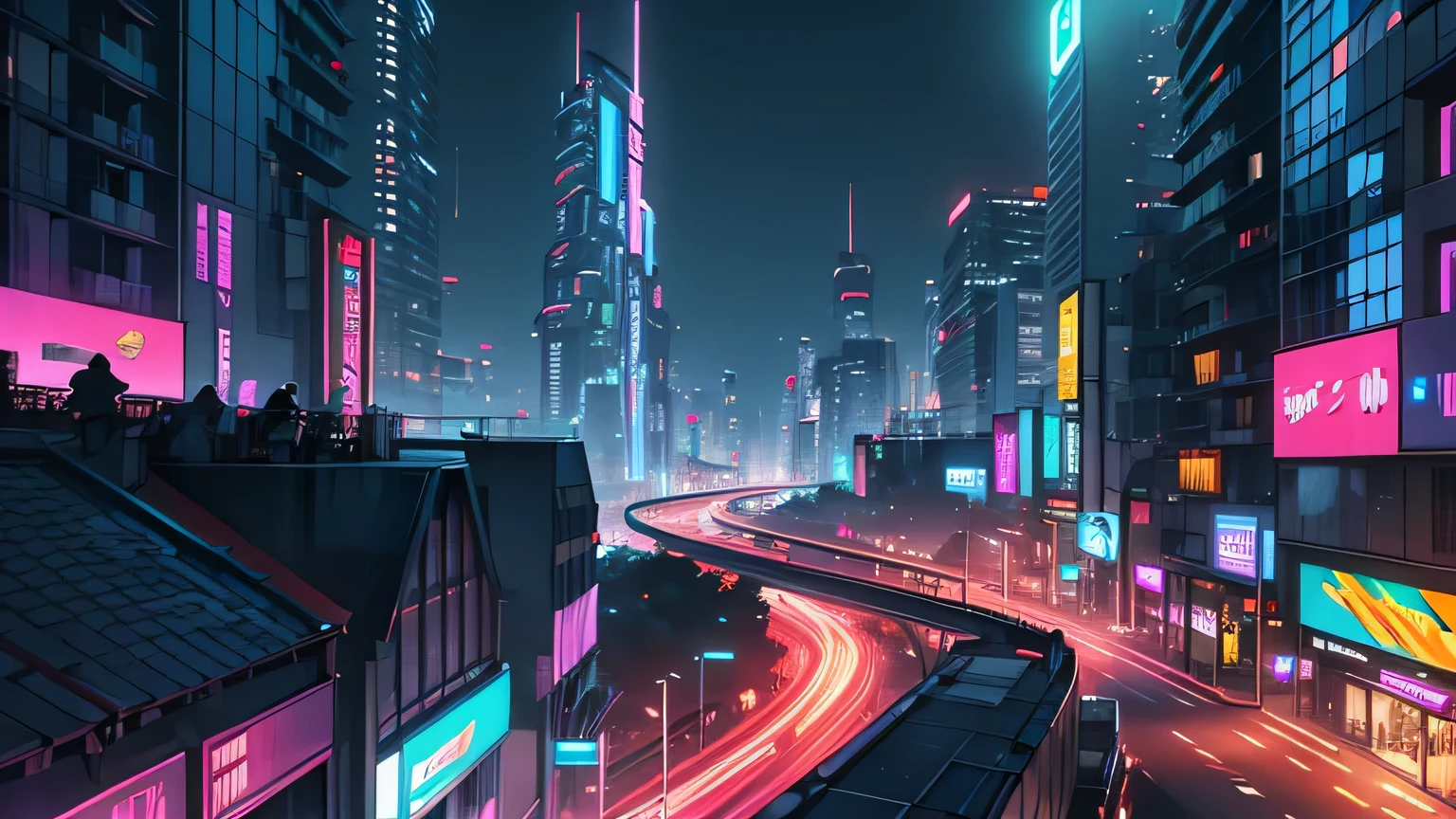 Ridiculous resolution, high resolution, (work of art: 1.4), hyper detail, cyberpunk city, nighttime, neon, View from the balcony, High-rise building, Cars on the road.
