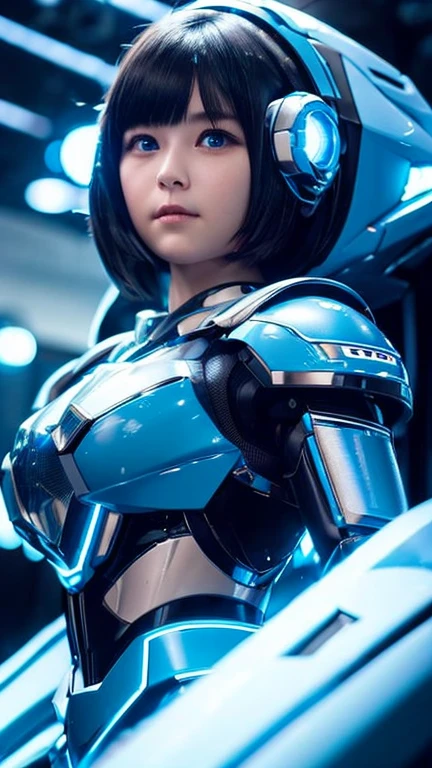 Wide-angle shot, 1 female, Mecha, Glowing blue-black eyes, Very cute face, (Realistic:1.37), バイオMechaニカル, Spaceship interior bokeh background, Ultra-realistic, Very detailed, Very intricate details, Beautiful woman in focus