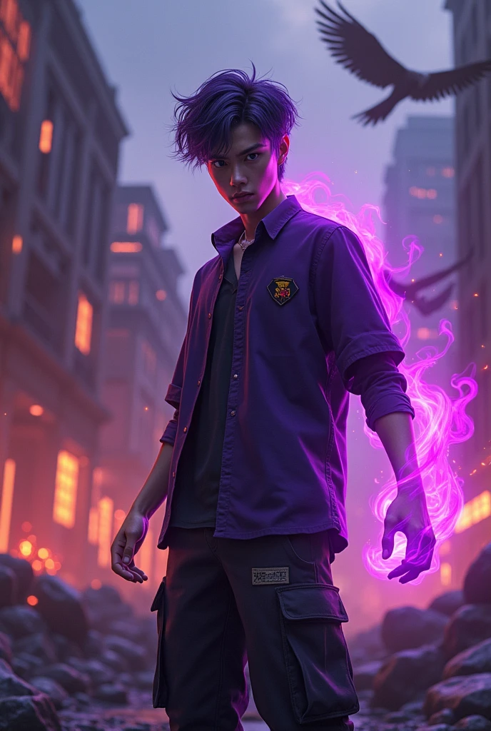 a man real teenage chinese man.(purple glasses) sharp eyes. Anger face. Open mouth. . wearing an (dark purple )((future shirt cyberpunk dress urple)) . anger face.wavy hairstyle purple. Dramatic.. stand on lava ,(dark purple)street wear .cargo pant,, detailed face, cinematic lighting, dramatic atmosphere,.hot day. vibrant colors, 8k, high quality, photorealistic. Hero suit.shadow power dark power from his hand. Glowing magic element shadow elment from hand, ember everywhere . Glowing dark purple, shadow logo design on pant . Very strong. Future design dress. Very epic. Very hot background.. dark sky. Very strong . fire very strong . Flying burn dry leave everywhere..Shadow Imitation sharp shape power from hand .rasengan . at volcano Damage building. Floating small rock everywhere. Shadow Imitation Technique.(( shadow big eagle background red eyes))