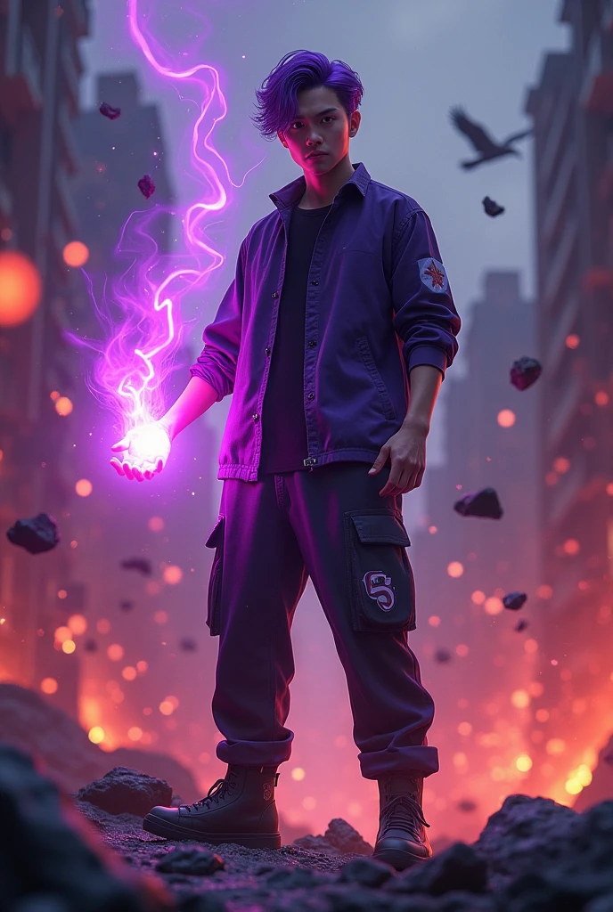 a man real teenage chinese man.(purple glasses) sharp eyes. Anger face. Open mouth. . wearing an (dark purple )((future shirt cyberpunk dress urple)) . anger face.wavy hairstyle purple. Dramatic.. stand on lava ,(dark purple)street wear .cargo pant,, detailed face, cinematic lighting, dramatic atmosphere,.hot day. vibrant colors, 8k, high quality, photorealistic. Hero suit.shadow power dark power from his hand. Glowing magic element shadow elment from hand, ember everywhere . Glowing dark purple, shadow logo design on pant . Very strong. Future design dress. Very epic. Very hot background.. dark sky. Very strong . fire very strong . Flying burn dry leave everywhere..Shadow Imitation sharp shape power from hand .rasengan . at volcano Damage building. Floating small rock everywhere. Shadow Imitation Technique.(( shadow big eagle background red eyes))