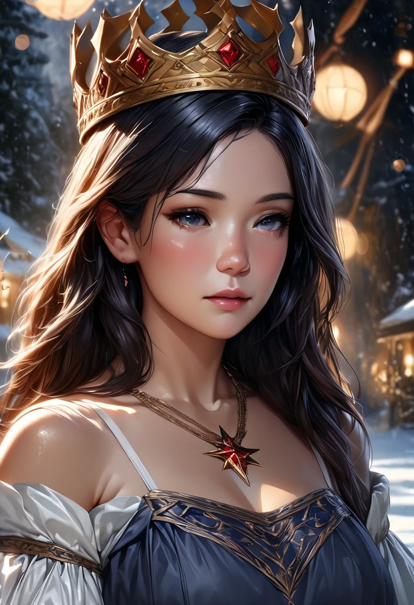 a beautiful young queen Seraphina Nightshade of the kingdom of Unam,straight black hair,fair skin,cold gaze,navy blue dress,necklace with bright red compass rose symbol,fairy tale setting,snow,cold atmosphere,soft lights highlighting the shine of the queen's dress and crown,dark fantasy,fairy tale movie scene,(best quality,4k,8k,highres,masterpiece:1.2),ultra-detailed,(realistic,photorealistic,photo-realistic:1.37),HDR,UHD,studio lighting,ultra-fine painting,sharp focus,physically-based rendering,extreme detail description,professional,vivid colors,bokeh,portraits,fantasy,dark fantasy,digital art,dramatic lighting,cinematic