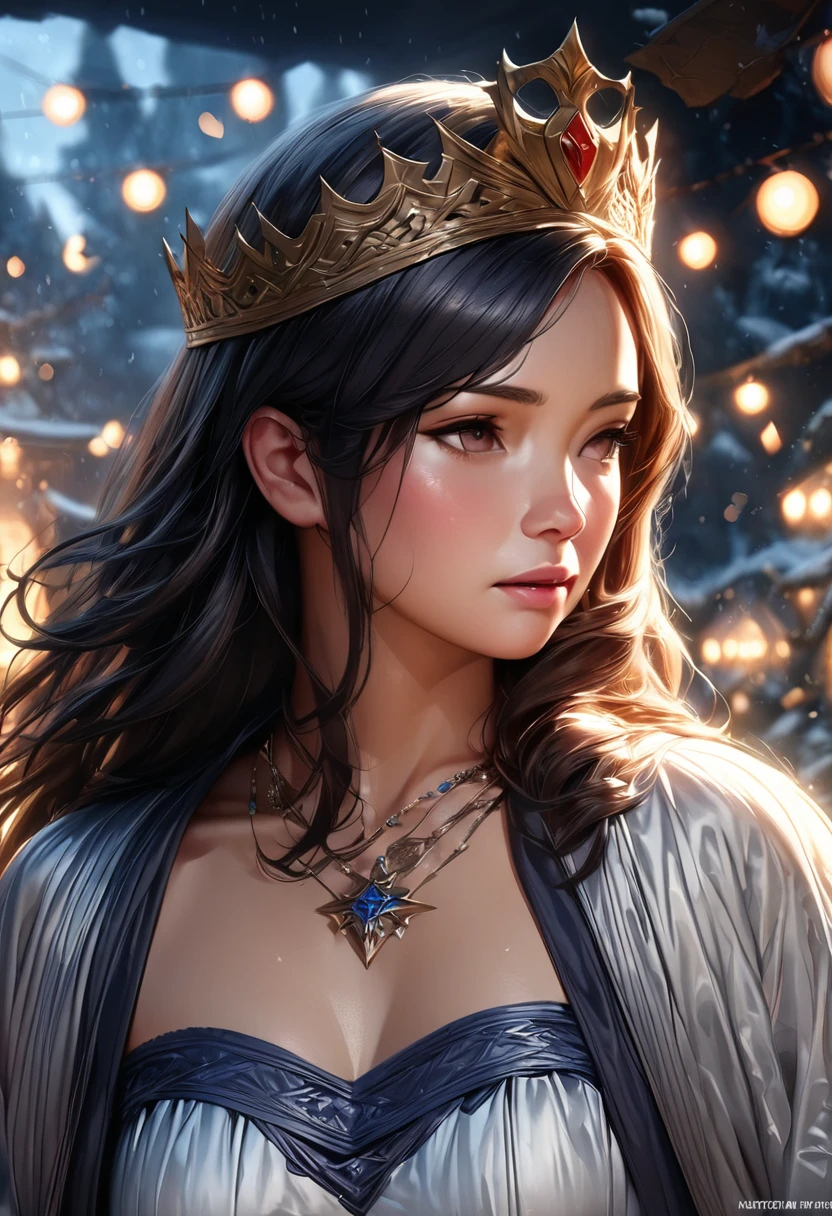a beautiful young queen Seraphina Nightshade of the kingdom of Unam,straight black hair,fair skin,cold gaze,navy blue dress,necklace with bright red compass rose symbol,fairy tale setting,snow,cold atmosphere,soft lights highlighting the shine of the queen's dress and crown,dark fantasy,fairy tale movie scene,(best quality,4k,8k,highres,masterpiece:1.2),ultra-detailed,(realistic,photorealistic,photo-realistic:1.37),HDR,UHD,studio lighting,ultra-fine painting,sharp focus,physically-based rendering,extreme detail description,professional,vivid colors,bokeh,portraits,fantasy,dark fantasy,digital art,dramatic lighting,cinematic