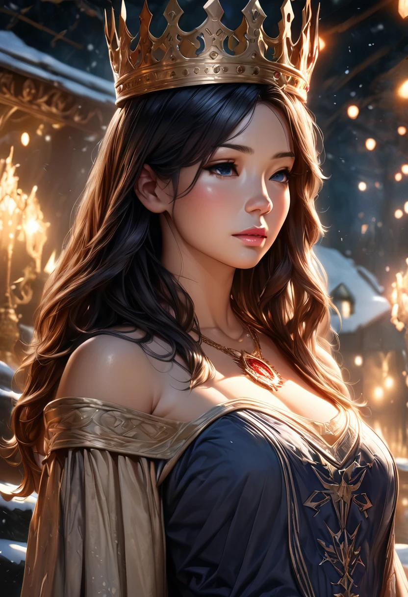 a beautiful young queen Seraphina Nightshade of the kingdom of Unam,straight black hair,fair skin,cold gaze,navy blue dress,necklace with bright red compass rose symbol,fairy tale setting,snow,cold atmosphere,soft lights highlighting the shine of the queen's dress and crown,dark fantasy,fairy tale movie scene,(best quality,4k,8k,highres,masterpiece:1.2),ultra-detailed,(realistic,photorealistic,photo-realistic:1.37),HDR,UHD,studio lighting,ultra-fine painting,sharp focus,physically-based rendering,extreme detail description,professional,vivid colors,bokeh,portraits,fantasy,dark fantasy,digital art,dramatic lighting,cinematic