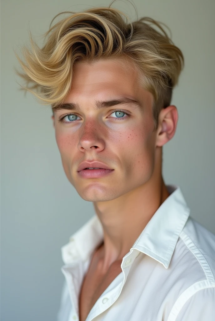 A young, blond man with blue eyes. He has a white complexion, a few freckles on his cheeks, and wears a white shirt with the sleeves rolled up.