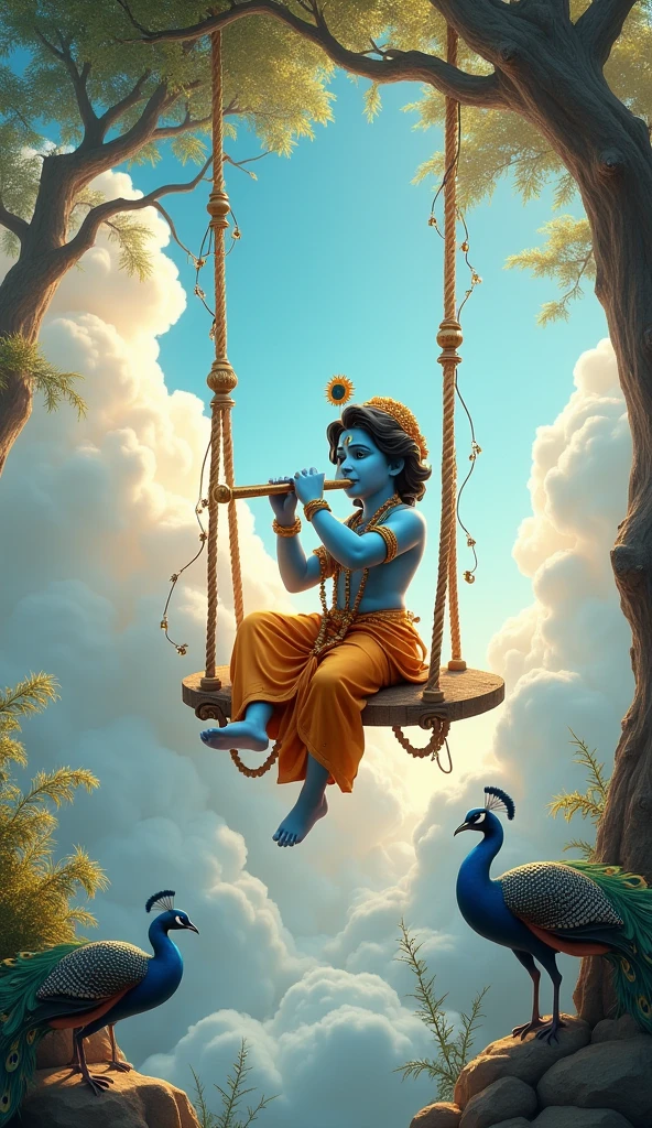 Krishna ji is playing flute, they are on swing and swing heaven like beautiful scene background, peacock dance, realistic image .