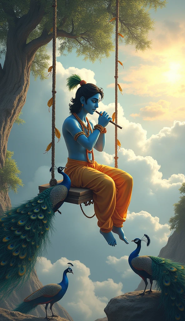 Krishna ji is playing flute, they are on swing and swing heaven like beautiful scene background, peacock dance, realistic image .