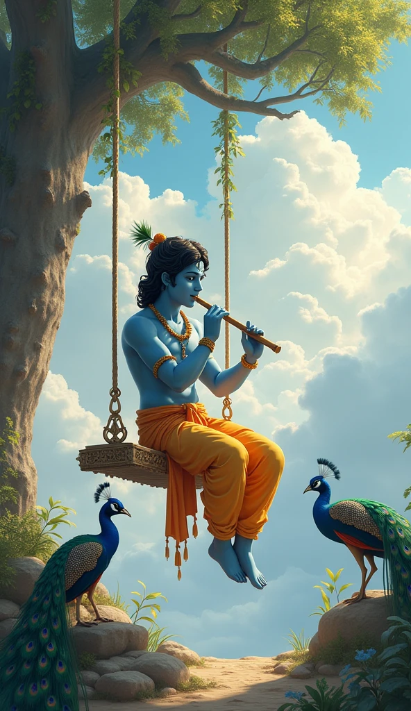 Krishna ji is playing flute, they are on swing and swing heaven like beautiful scene background, peacock dance, realistic image .