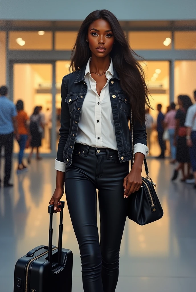 Realistic paint. A beautiful African woman with a long straight hair wearing a white shirt and a black jean trouser revealing her hips and a black jean jacket holding a black suitcase and a black handbag standing in front of an airport. People are going in and coming out of the airport 